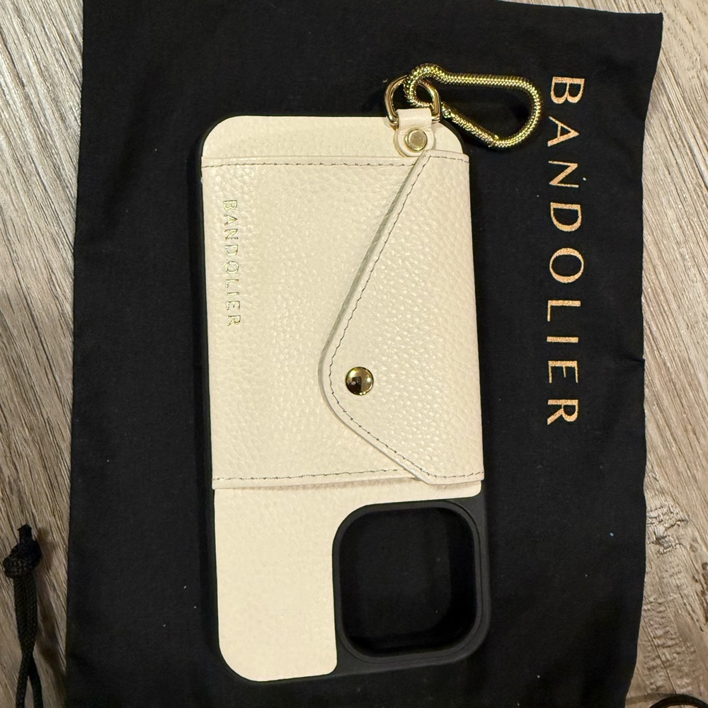 Bandolier Cream Phone Case with Leather Texture and Gold Clasp